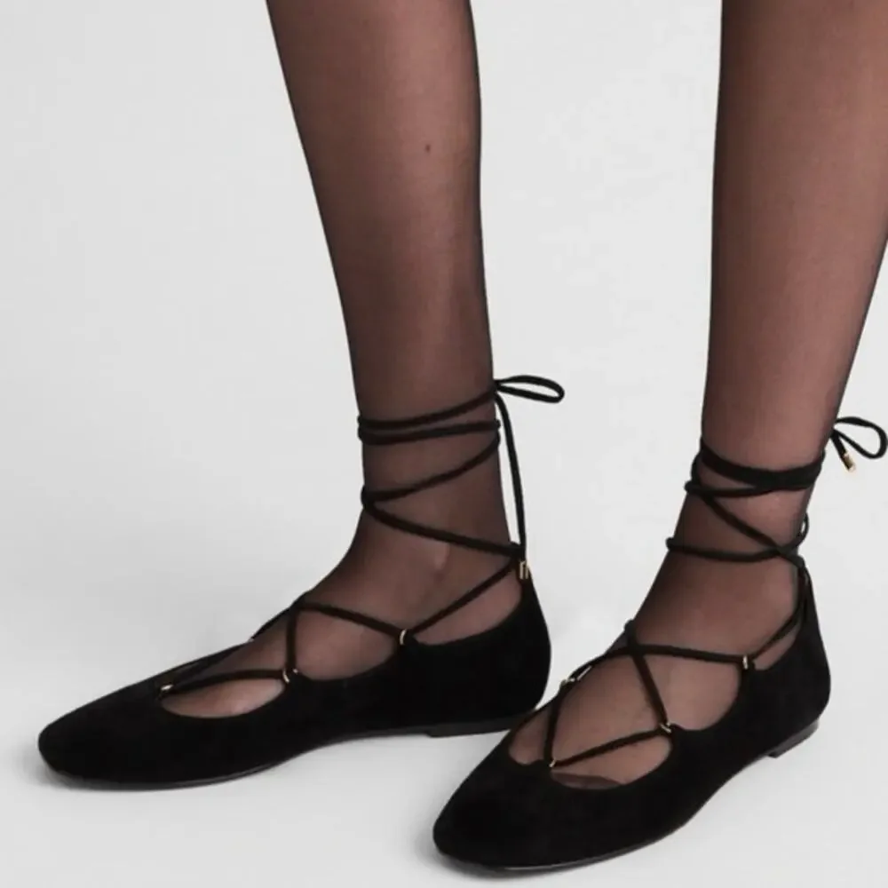 Madewell The Greta Lace-Up Ballet Flat in True Black Suede Size 9